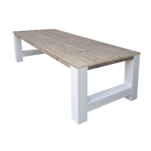 Steigerhouten tafel Anita, verouderd hout blad met dekkend wit onderstel 